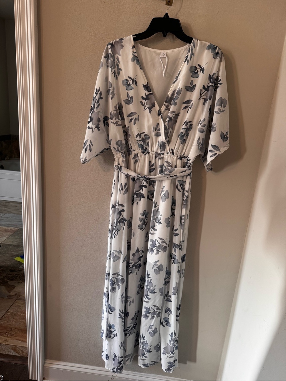 Women’s White Maxi Dress with Gray Floral Print - Wrap Style